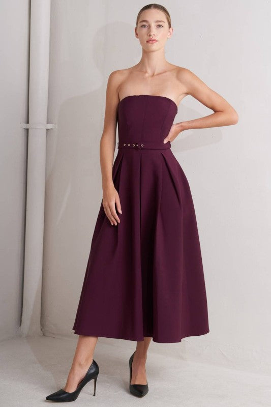knee length dresses for ladies BURGUNDY VELVET MIDI STRAPLESS DRESS – Le Obsession Boutique main image 1