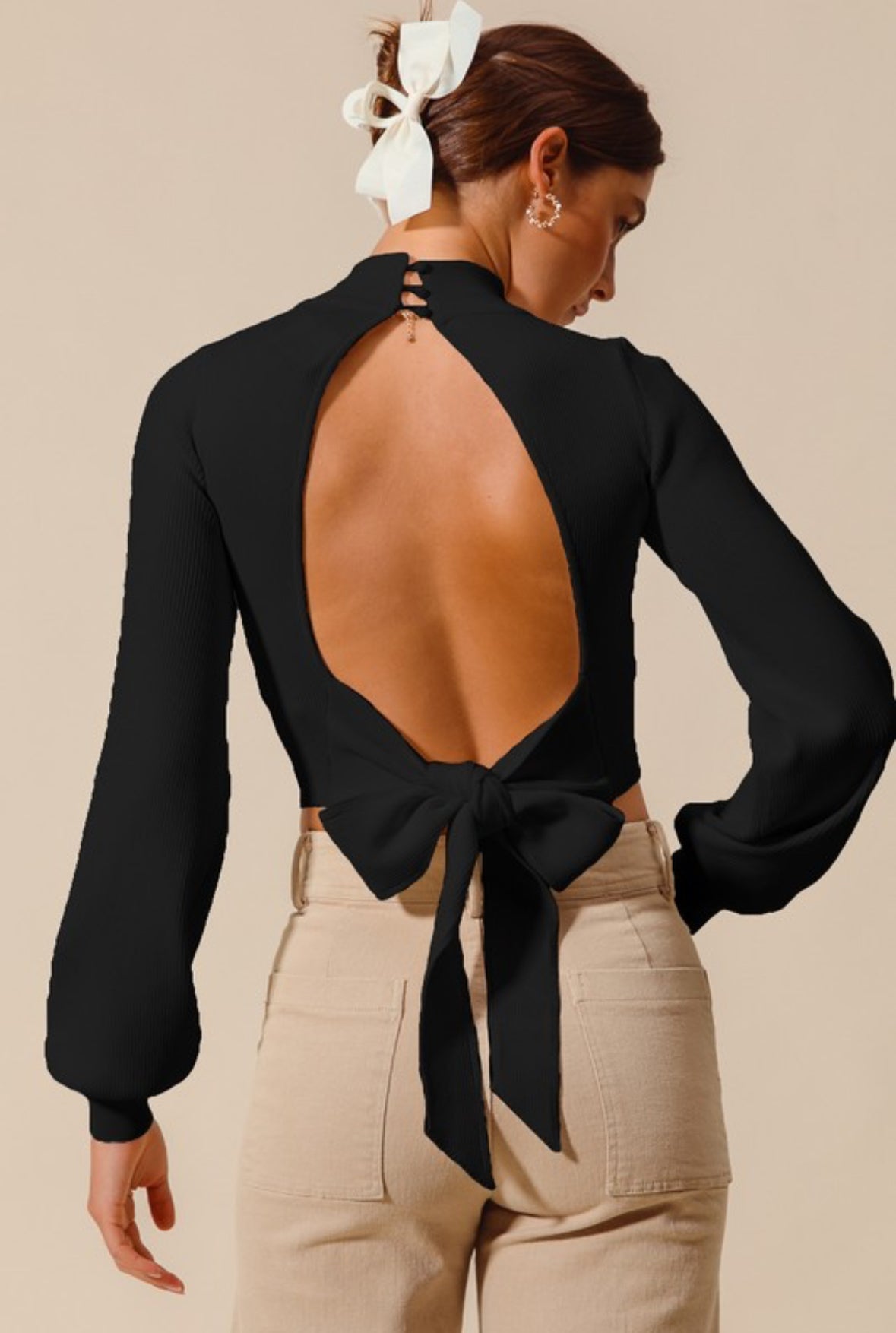 OPEN BACK TIE BOW SWEATER WITH PUFF SLEEVES