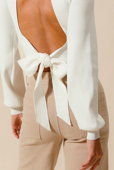 OPEN BACK TIE BOW SWEATER WITH PUFF SLEEVES