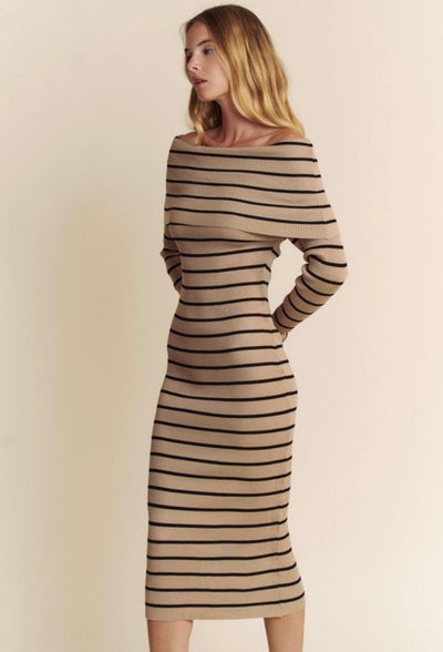 Taupe/Black Off Shoulder Midi Dress PREORDER 10/02/24 Aprox