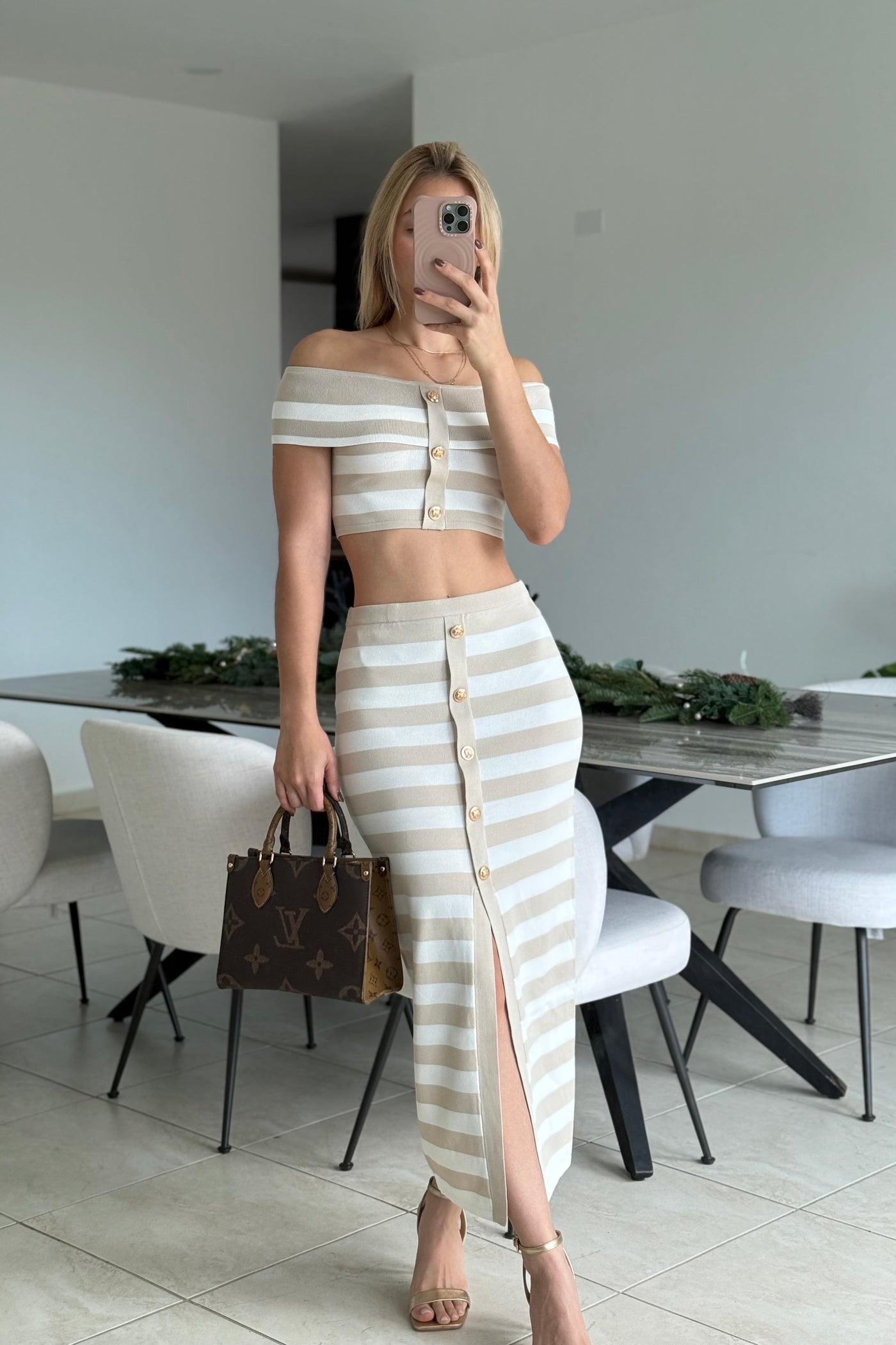 Off Shoulder Stripe Knit Skirt Set PREORDER 05/11/25 Aprox