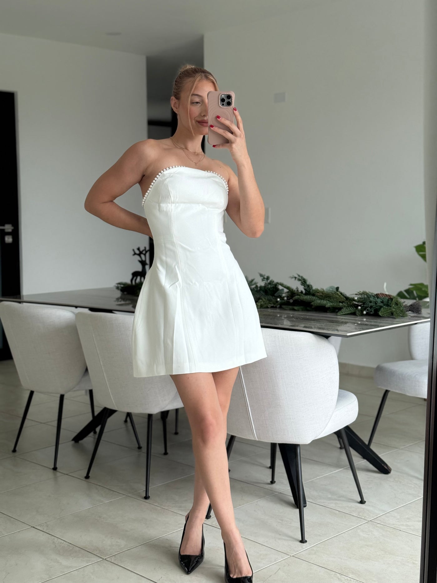 Strapless Pearl Detail Mini Dress