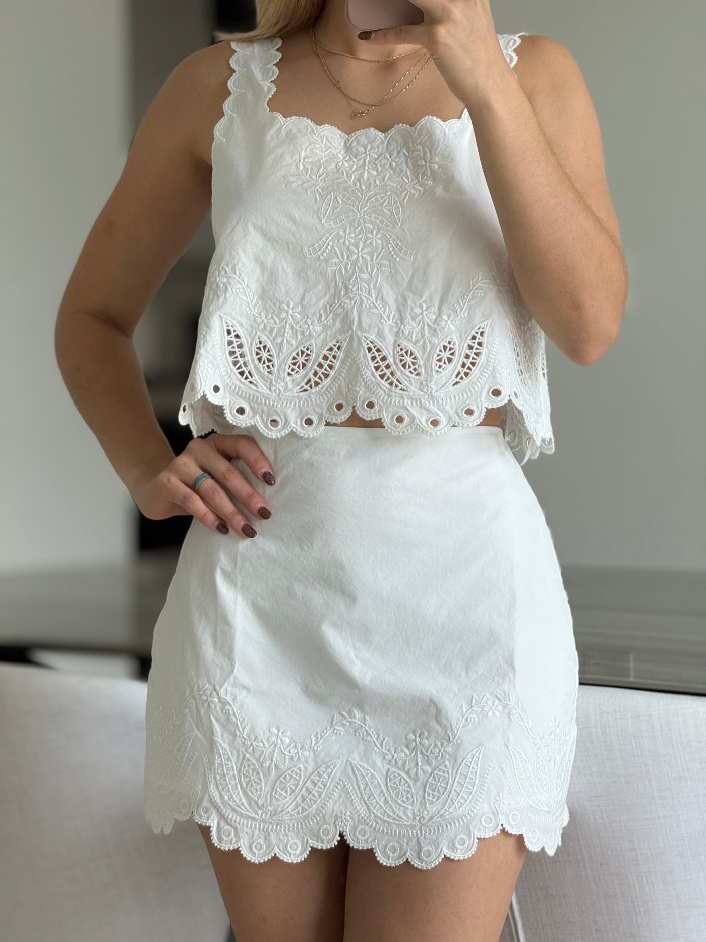 Embroidery White Skirt Set