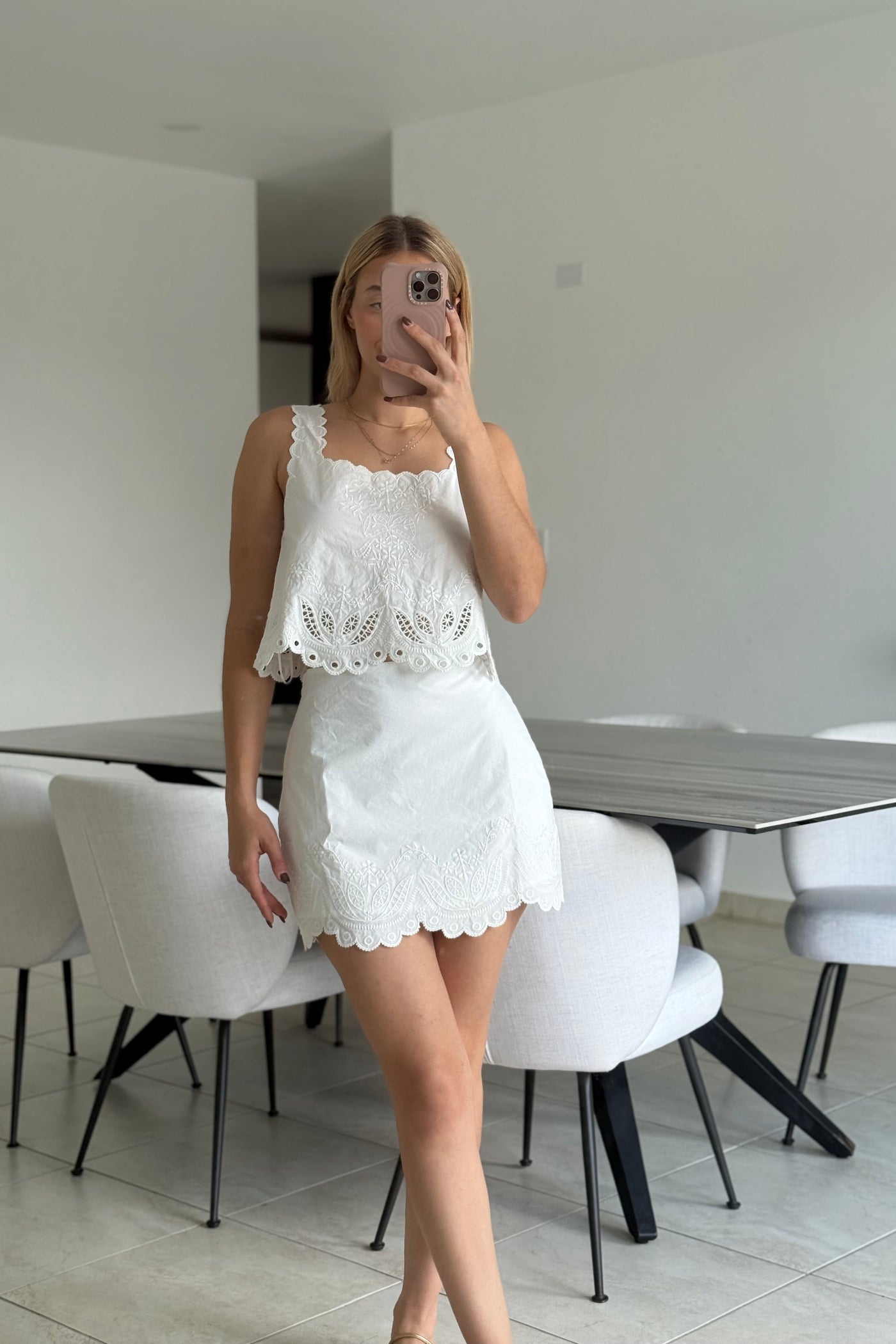 Embroidery White Skirt Set