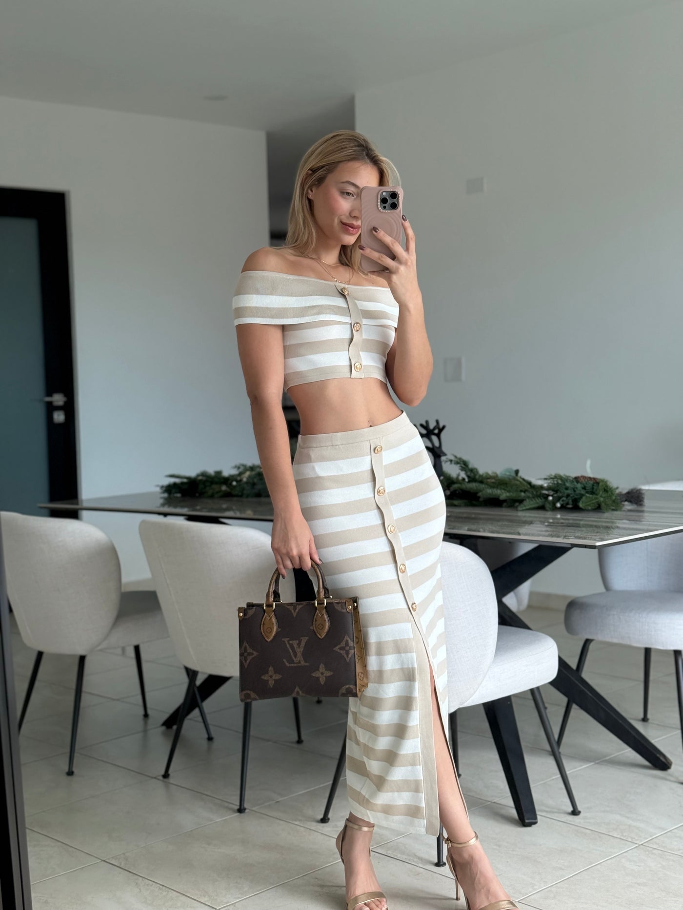 Off Shoulder Stripe Knit Skirt Set PREORDER 05/11/25 Aprox