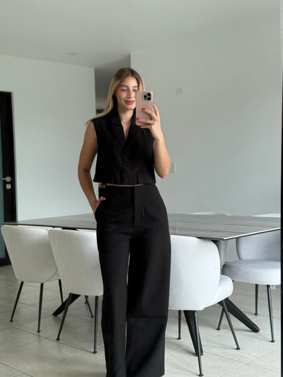 Button Down Crop Top Pant Set      PREMIUM COLLECTION