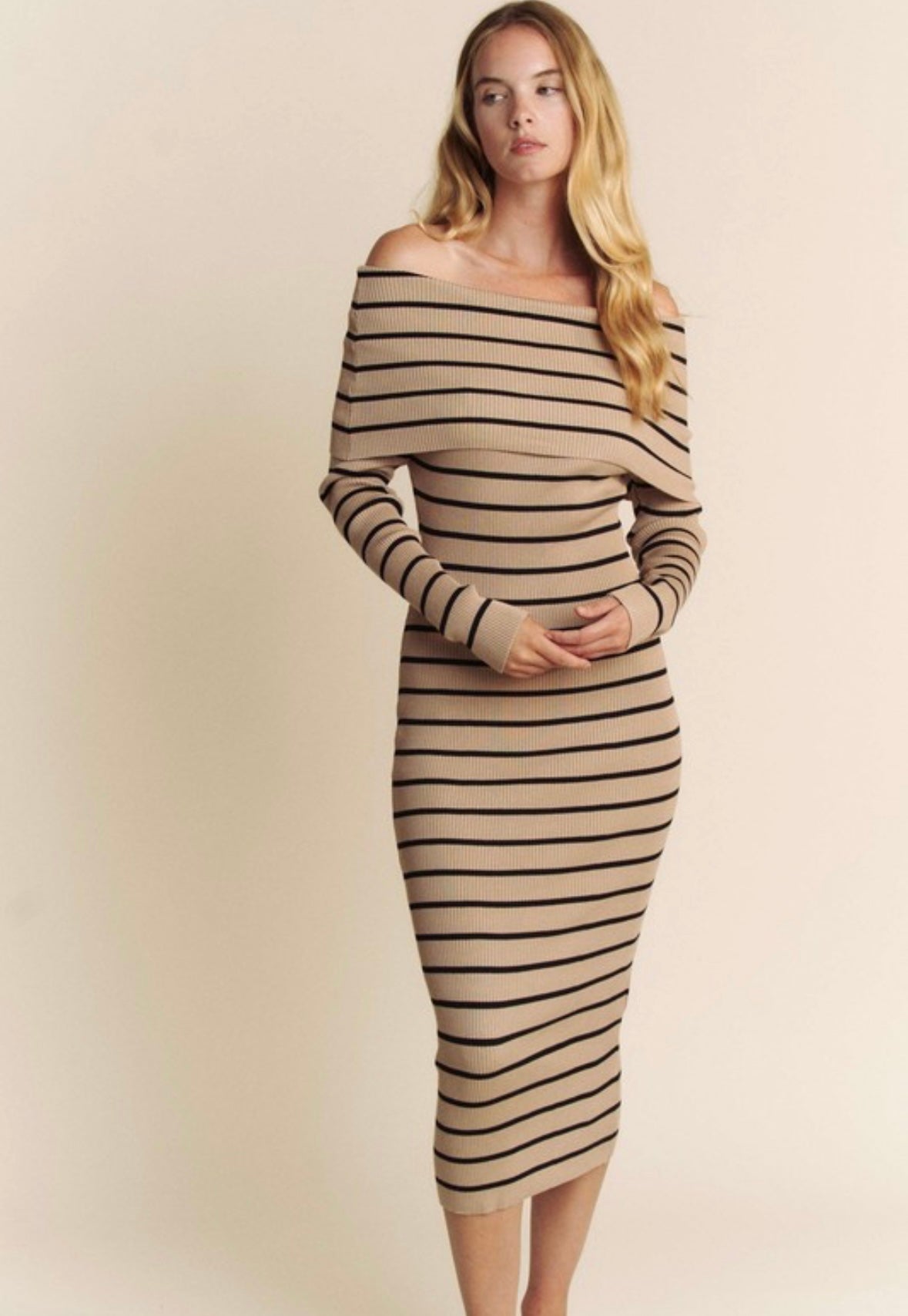 Taupe/Black Off Shoulder Midi Dress PREORDER 10/02/24 Aprox