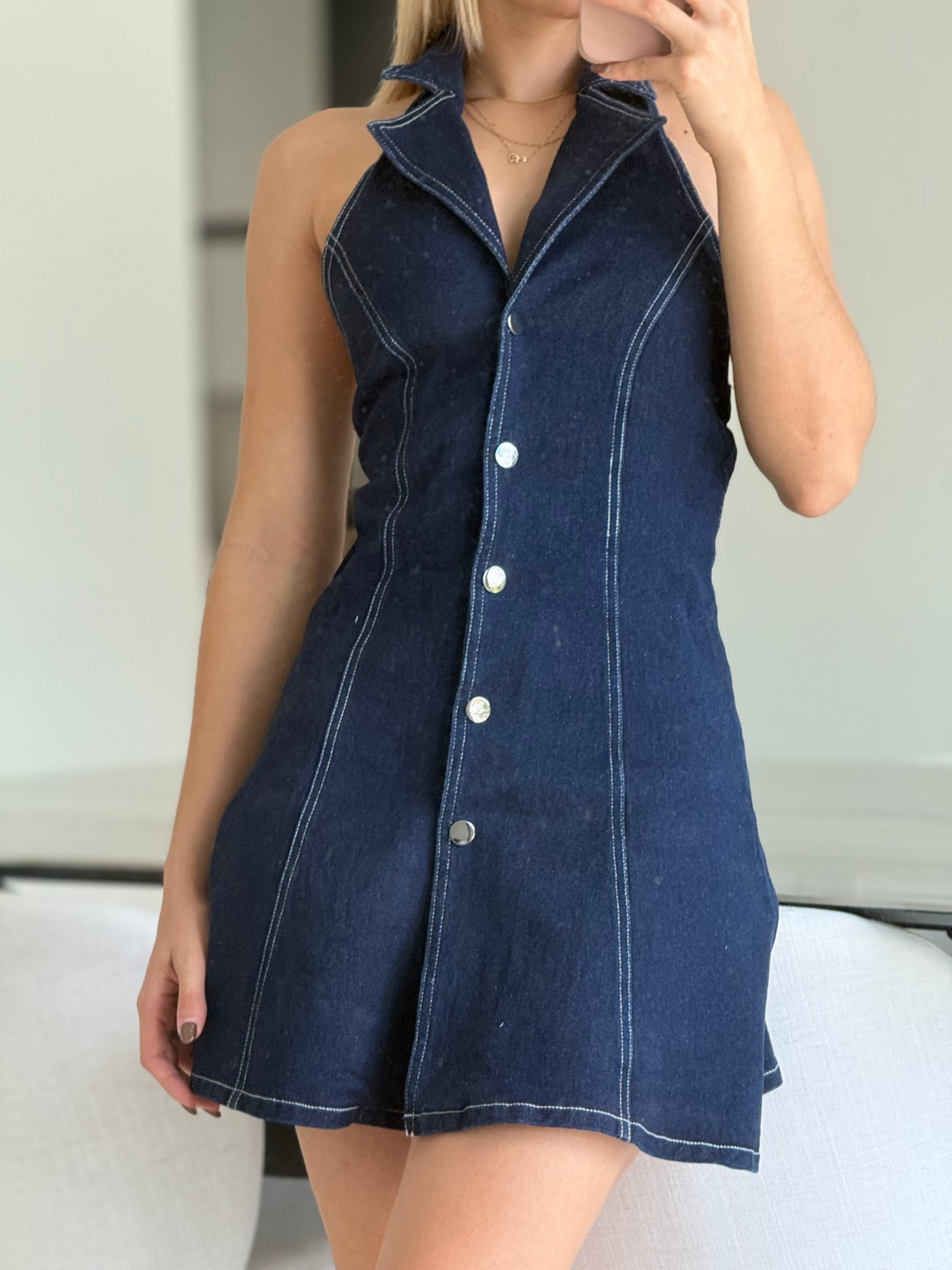 Collard Halter Denim Dress PREORDER 05/12/25 Aprox