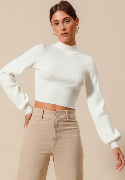 OPEN BACK TIE BOW SWEATER WITH PUFF SLEEVES