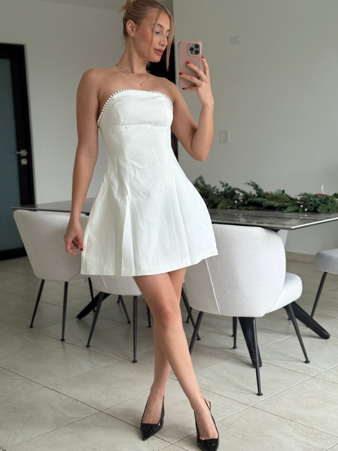 Strapless Pearl Detail Mini Dress