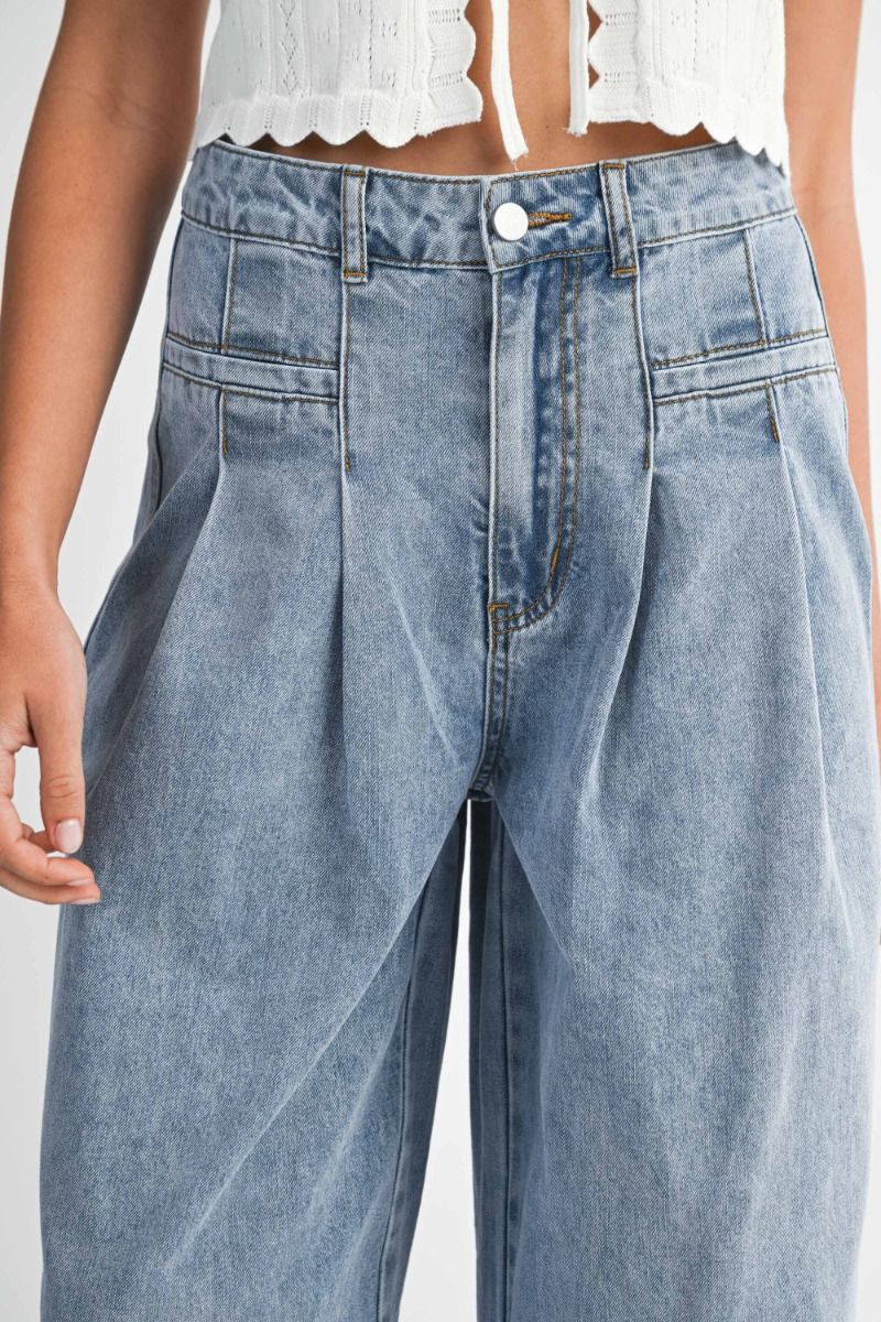 Denim Pleated Wide Jeans