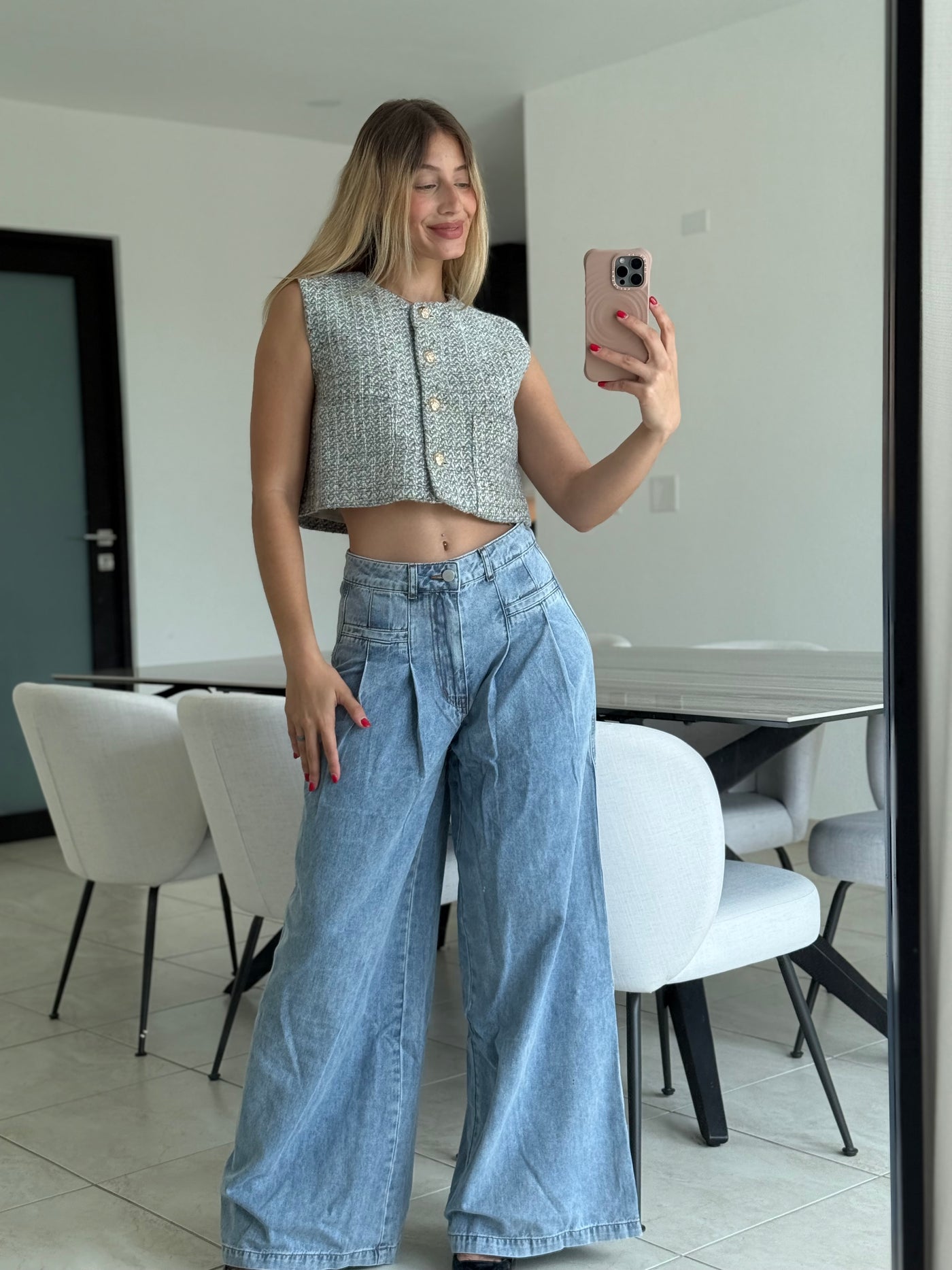 Denim Pleated Wide Jeans
