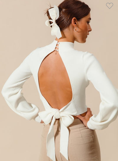 OPEN BACK TIE BOW SWEATER WITH PUFF SLEEVES