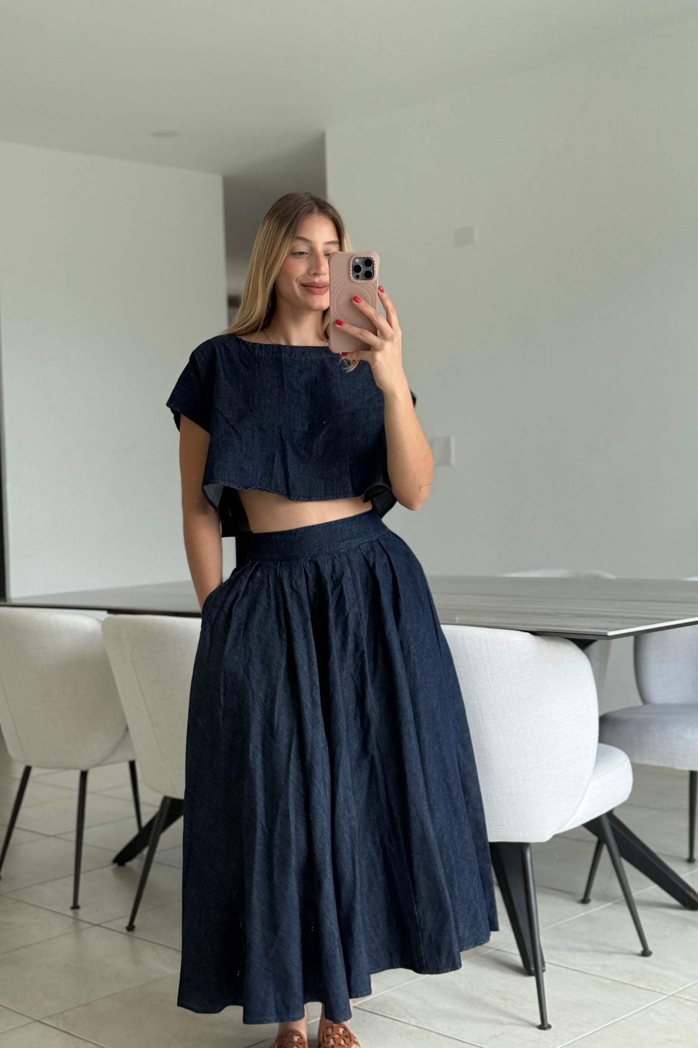 Denim Crop Top Skirt Set