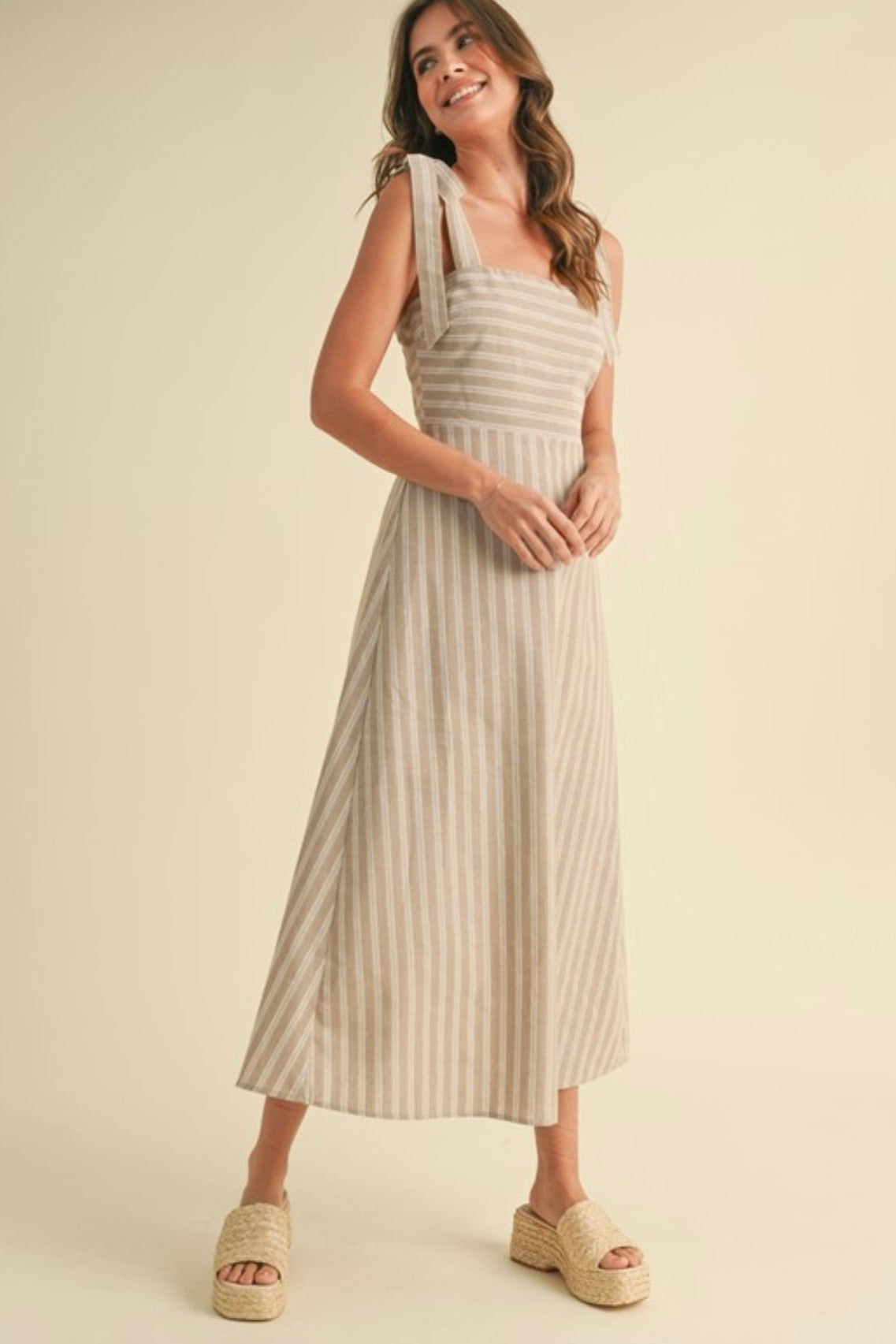 Striped Shoulder Tie Midi Dress PREORDER 02/28/25 Aprox